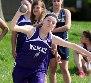 LMS seventh-grader Lauren Vincent releases the shot put during Tuesday's home meet against Baldwin and Trail Ridge