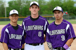 Louisburg's (from left) Mitchell Caldwell, Lucas Smith and Ethan Caldwell were honored during senior night Thursday at Lewis-Young Park.