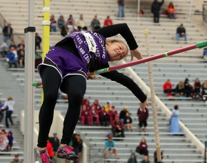 Louisburg freshman Isabelle Holtzen clears the bar at 8 feet, 6 inches in the pole vault Saturday at the Class 4A portion of the state meet in Wichita. Holtzen finished 12th overall.