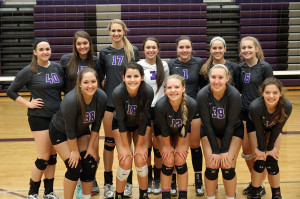 Members of the Frontier League champion Lousiburg volleyball are (front row, from left) Ellie Katzer, Anna Dixon, Sophie McMullen, Ava Littrell, Mikayla Quinn; (back row) Olivia Bradley, Cate Stambaugh, Madison Turner, Makenzie Kallevig, Lauren Dunn, Megan Lemke and Carson Buffington.