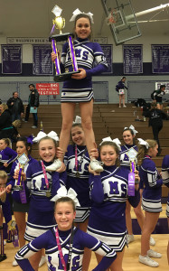 Members of the second LMS cheer stunt group to earn a '1' rating are (clockwise, in front) Jenna Terry, Aly Traffis, Kami Geiman, Patches Oxford; (standing) Cecilia Bindi. 