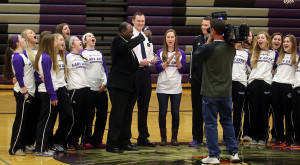 The LHS girls basketball team lets out a scream Thursday when they were presented with the Hy-Vee Team of the Week award. 