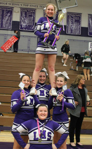 Members of the one the LMS cheer stunt groups to earn a '1' rating are (clockwise, in front) Sydney Thornton, Lexi Pena, Gabby Tappan, Alyse Moore; (standing) Ashlyn McManigal. 