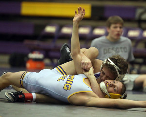 Hunter Bindi had two pins during the league tournament, including this one against Spring Hill. 