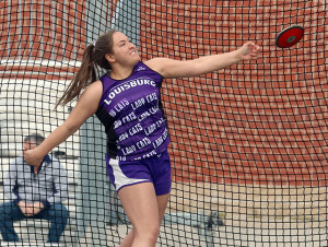 Junior Ellie Katzer lets the discus fly Tuesday at the Leavenworth Invitational. Katzer finished fifth overall.