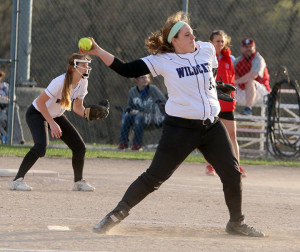 Freshman Kelsey  Higginbotham rears back for a pitch during the nightcap of Tuesday's doubleheader with Fort Scott.
