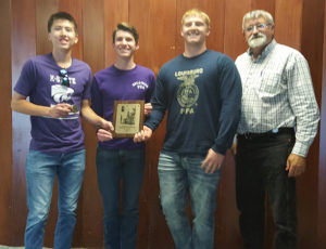 (From left) Justin Sievert, Wyatt Reece and Mason Koechner won the state Dairy Foods CDE. Pictured with the group is adviser Jim Morgan. Not pictured is Georgia Wilde.
