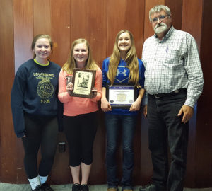 (From left) Mariah Wrigley, Hattie Harris and Faith Seuferling won the state Poultry CDE. Also pictured is FFA adviser Jim Morgan. Not pictured is Hallie Hutsell.