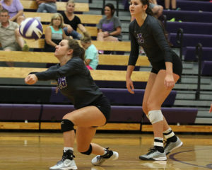 Senior Tayler Lancaster digs up a ball during Tuesday's match against Baldwin.